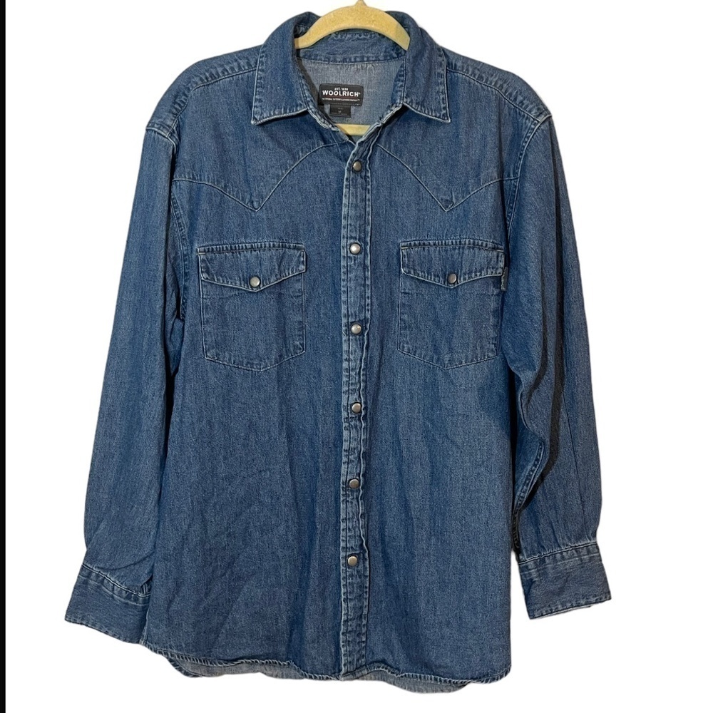 Woolrich Shirt M Blue Denim Snaps Western Equestrian Preppy Old Money Cowboy‎